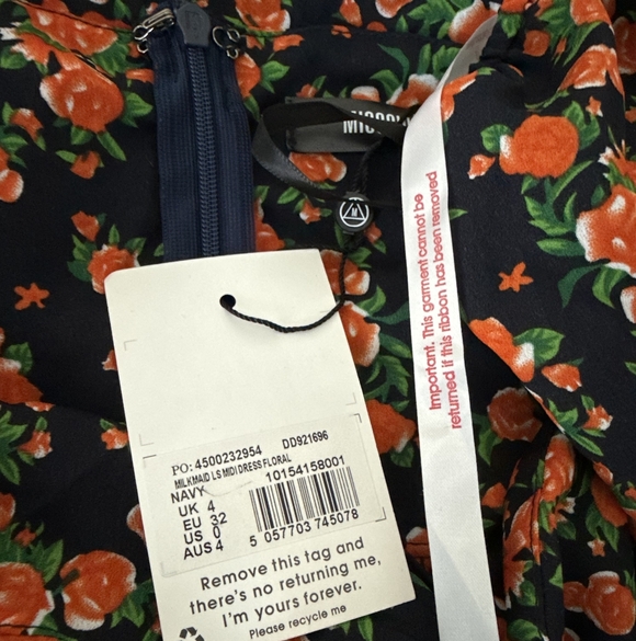 Missguided Milkmaid Long Sleeve Midi Floral Dress Navy/orange Nwt - Picture 6 of 7